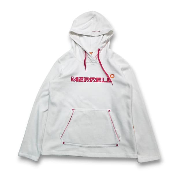 M MERRELL 머렐 핫핑크 로고 라인 화이트 플리스 후드티