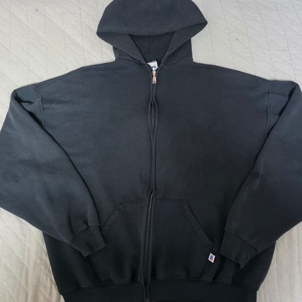 [XL] 90s 빈티지 러셀 애슬레틱 후드집업 블랙 ver.스테인 페이드