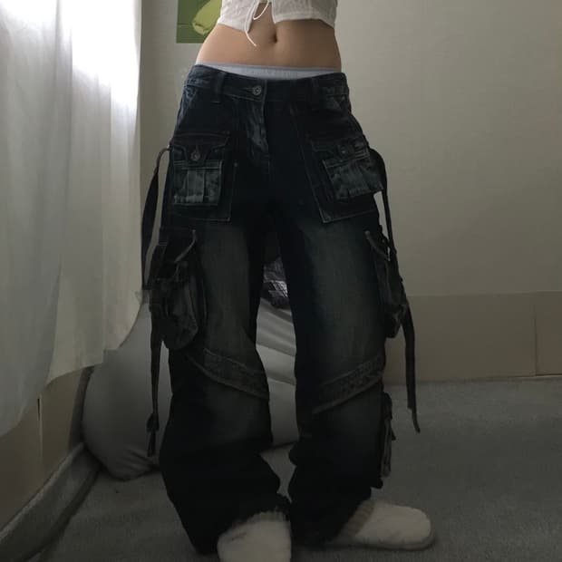 워시드 스트랩디테일 데님카고팬츠