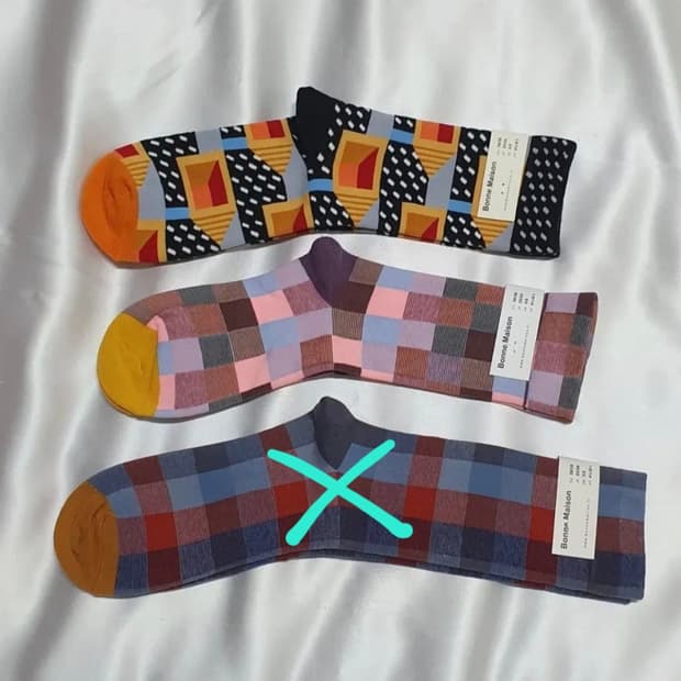 오렌지 옐로우 블루 레드 체크 Bonne Maison 본메종 양말