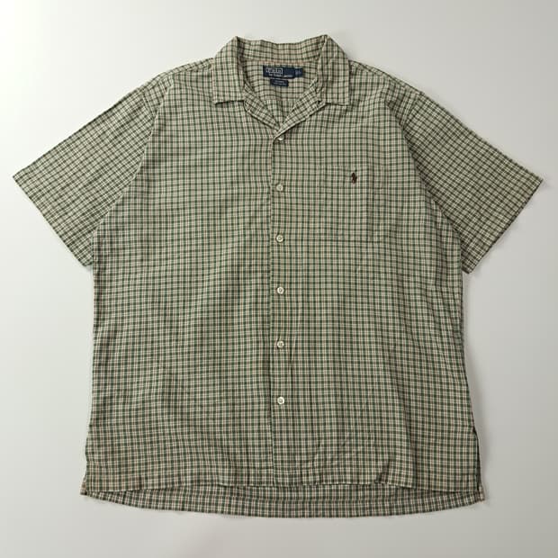 CA569 L 폴로 90s 캠프카라 브라운그린 체크 반팔 셔츠 남방