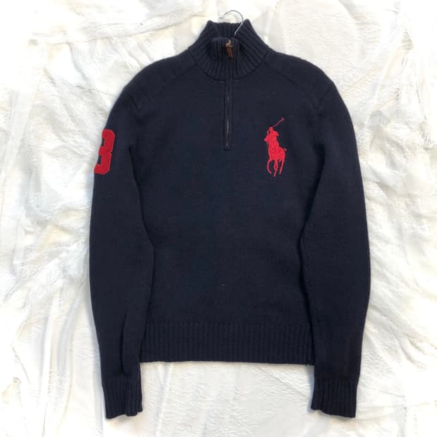 폴로 남+빨 대대장 올드 빅포니 니트 반집업