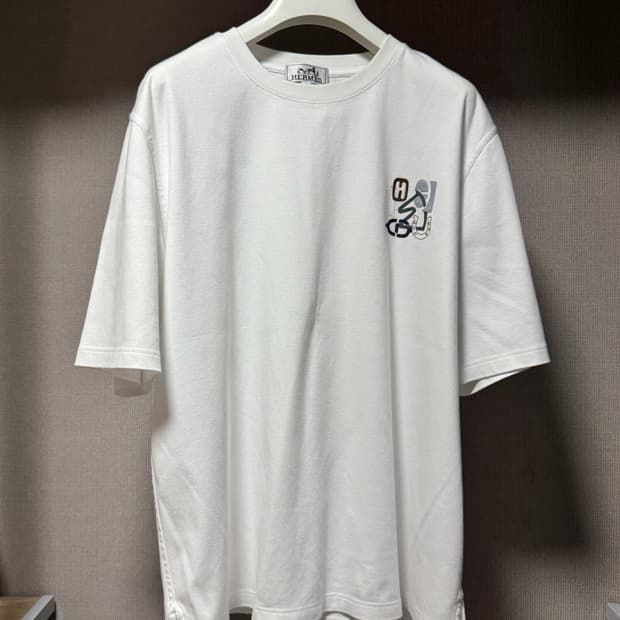 에르메스 H 퍼즐 램스킨 디테일 코튼 크루넥 티셔츠 화이트 L