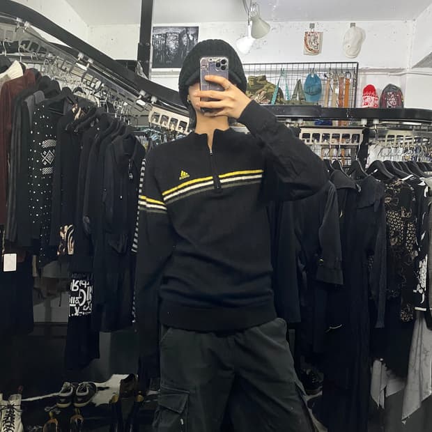 Adidas 삼선 반집업 블랙 니트