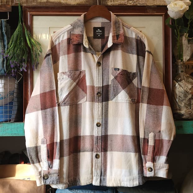 90s 빈티지 체크셔츠 헤비 플란넬 워크셔츠 썬페이딩 셔츠 투포켓 M