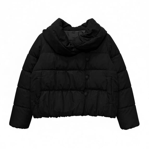 JPN VINTAGE 숏패딩 볼륨카라 셔링 쓰리버튼 디테일 블랙