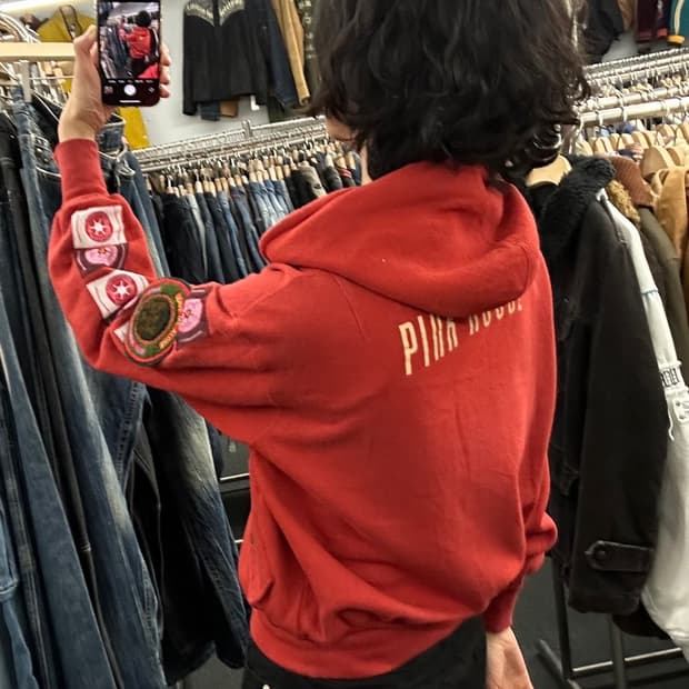 OS)Pink House 빈티지 패치 버건디 후드 자켓