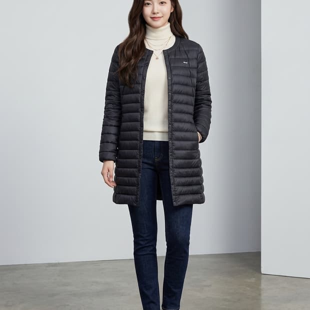 루이까스텔 블랙 라운드넥 덕다운 경량 패딩