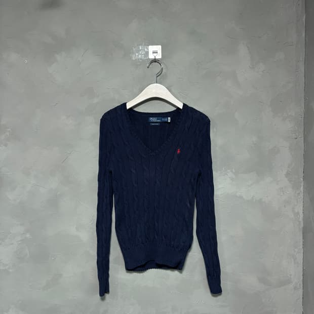 폴로 랄프로렌 피마코튼 꽈배기 브이넥 니트 네이비