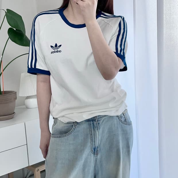 아디다스 화이트 청록트레포일 삼선 반팔티  [ M ]