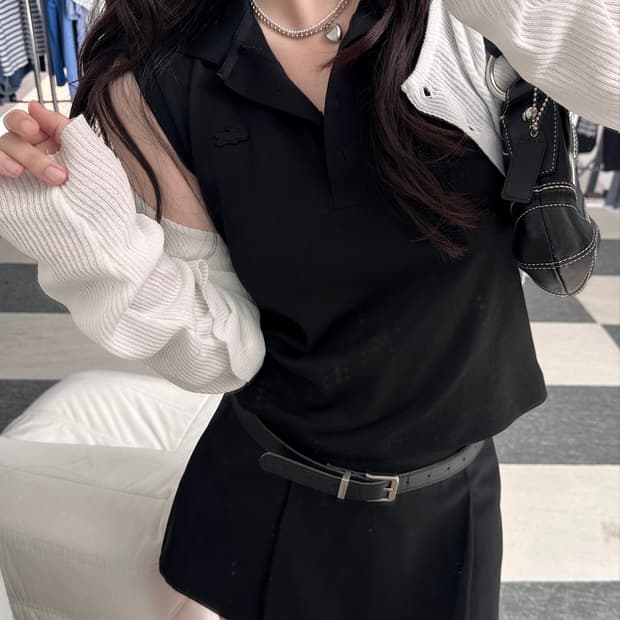 라코스테 폴리 블랙 카라 슬리브리스 