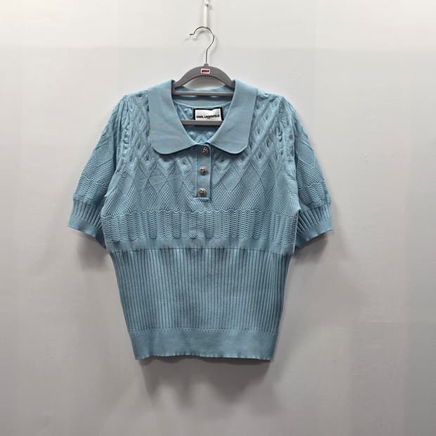 0195 칼 라거펠트 여성 반팔 니트 카라티 하늘색 펀칭 니트 88사이즈