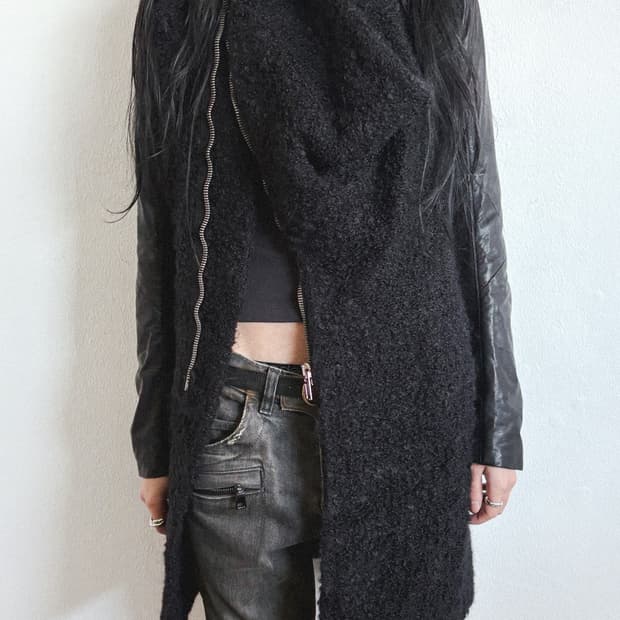 rare* 릭오웬스 사선지퍼 하이넥 모헤어 레더슬리브 코트