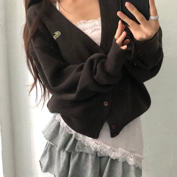 Lacoste 라코스테 브라운 컬러 울 브이넥 가디건