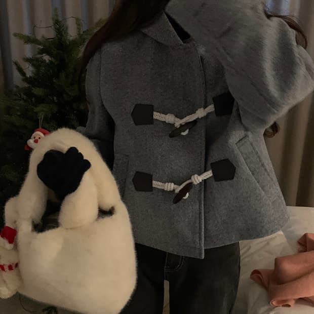 소녀레시피 헤이즐 더플 떡볶이 후드 숏 코트 그레이 