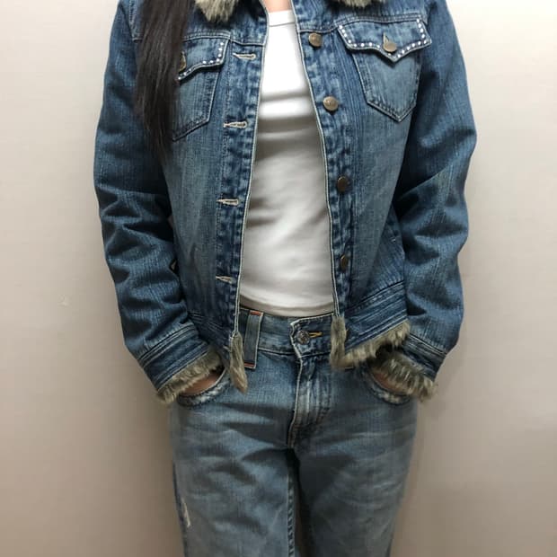 빈티지 데님 큐빅 퍼 자켓