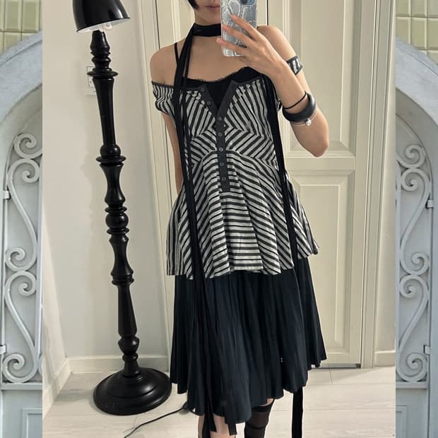 Button Stripe Peplum Top / 빈티지 페플럼 나시