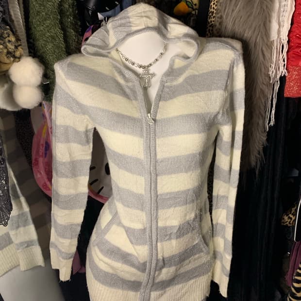 y2k 그레이 단가라 모리 니트 후드집업