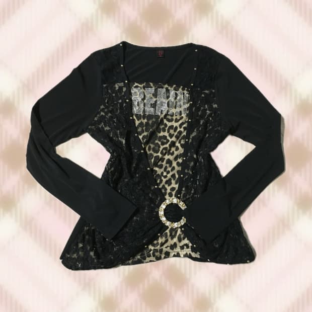 호피 레오파드 레이스 롱슬리브 니트 오네 갸루 펑크 와투케 벨트 빈티지