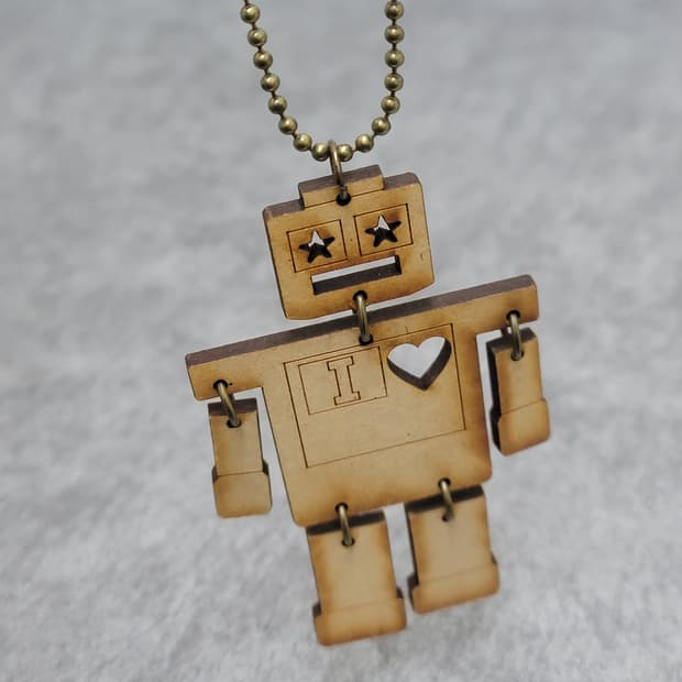 vintage wood robot necklace