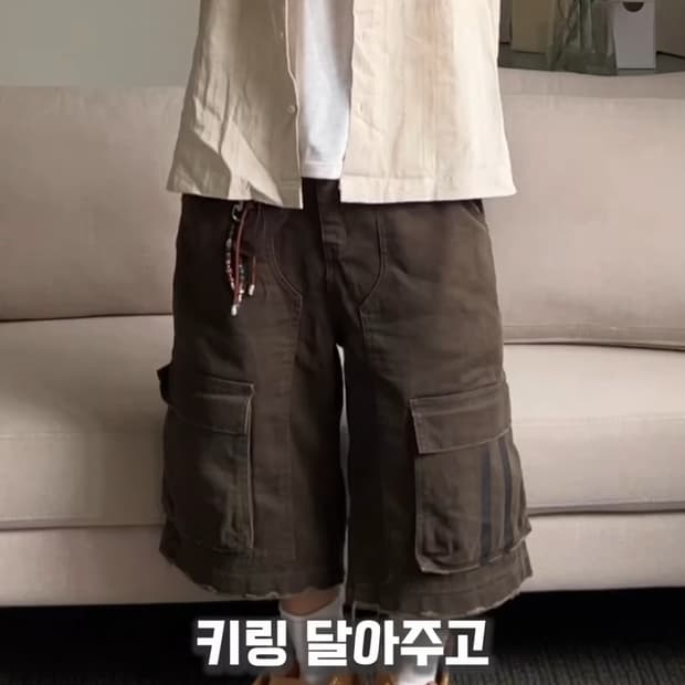 [46] 엘무드 카고 와이드 하프 데님 팬츠 빈티지 카키