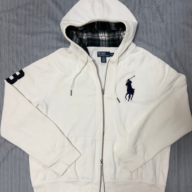 폴로 빅포니 화이트 체크 후드집업
