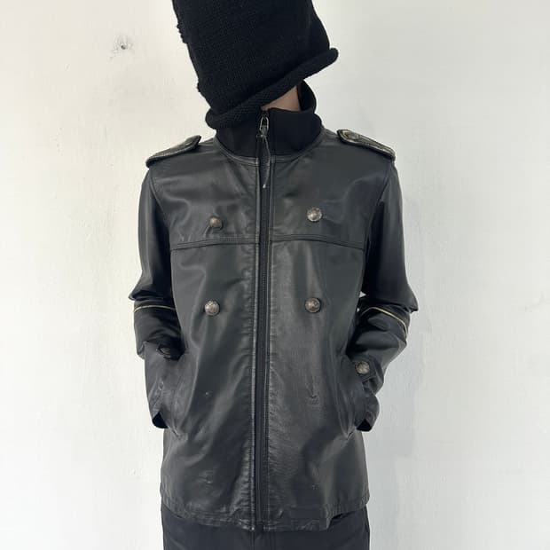 VTG 나폴레옹 하이넥 견장 블랙 레더 자켓