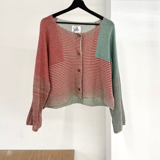 비비안 웨스트우드 레드라벨 레드 그린 스트라이프 배색 가디건