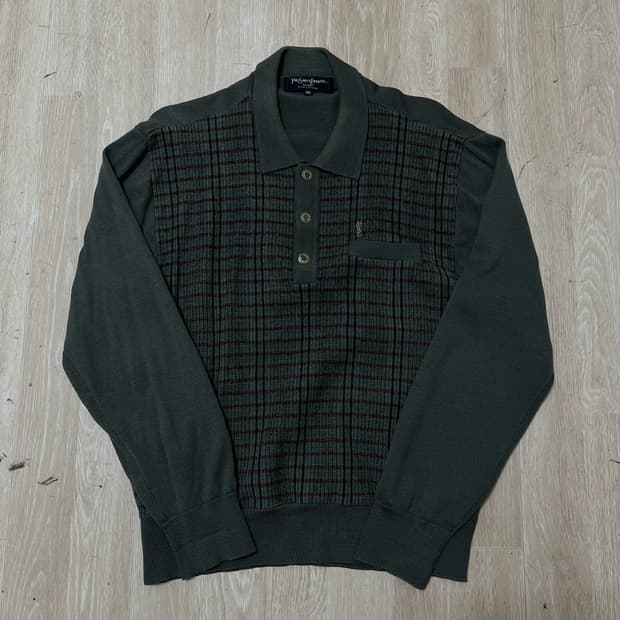 입생로랑 체크 배색 버튼업 카라 니트 [카키] M/95