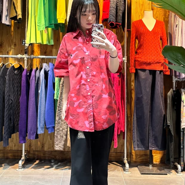 M A BATHING APE 베이프 미니 샤루 레드 카모 하프셔츠