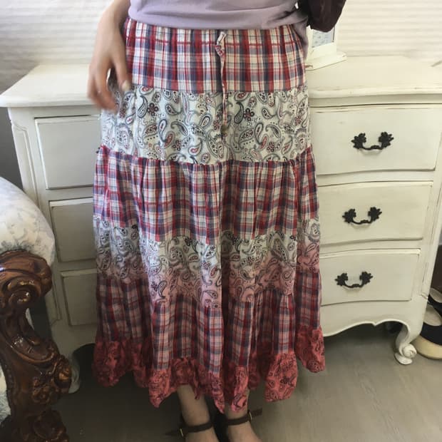 일본빈티니 체크 페이즐 패치 스커트