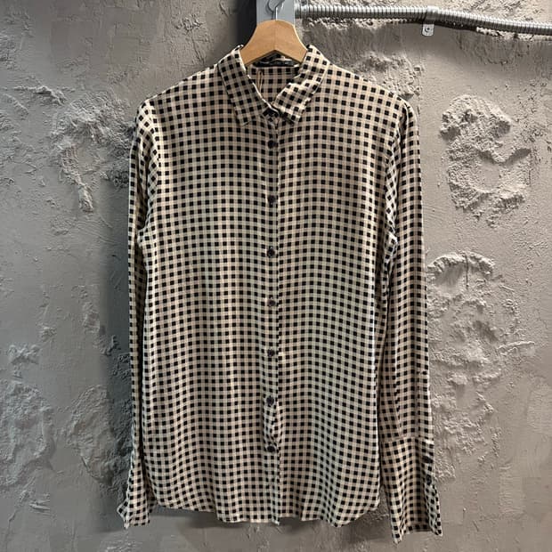 100 ETRO 에트로 실크 깅엄 체크 셔츠 베이지블랙