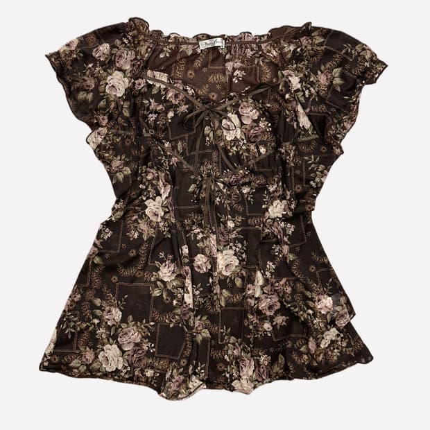 brown rose frill ribbon top