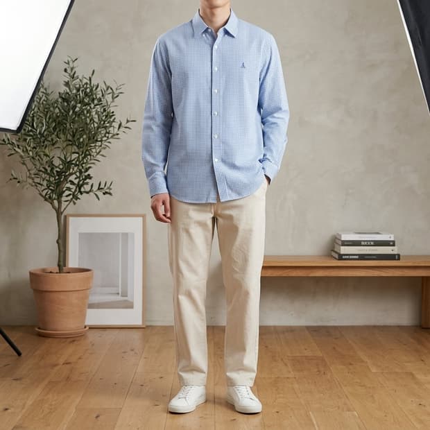 빈폴 남성 블루 깅엄체크 긴팔 셔츠 L 