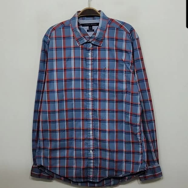 (L) 타미힐피거 남방 체크 셔츠 토미 로고 포켓 
