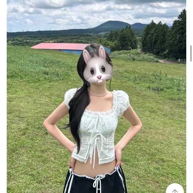 어깨 퍼프 프릴 리본 펀칭 자수 스퀘어넥 레이스 크롭 트임 블라우스