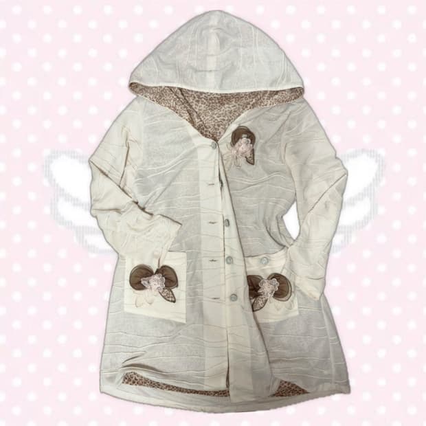 라떼갸루맛 호피 레오파드 대장템 장미리본 장식 후드 롱 코트 아우터