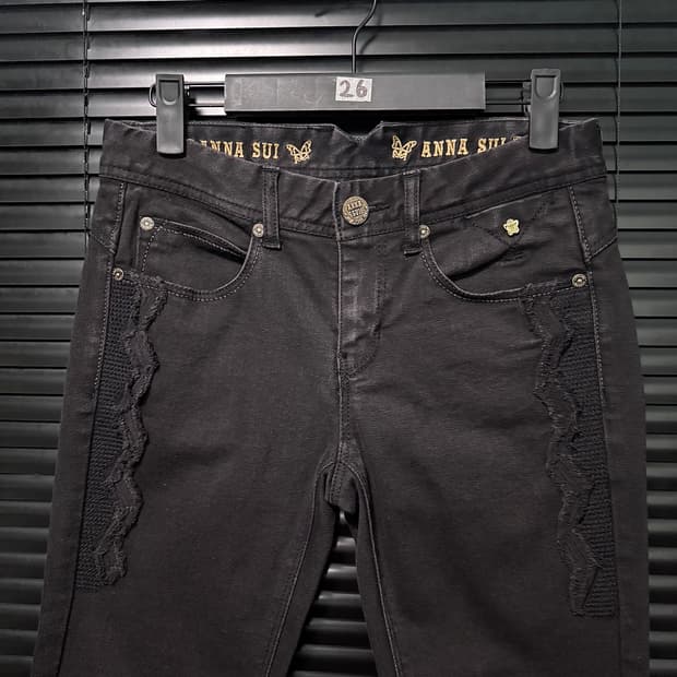 안나 수이 블랙 데님 바이커 나비 골드 26 스키니 슬림 고스 펑크 락