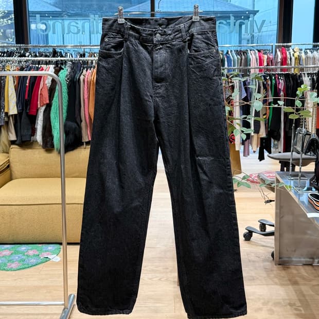 언어팩티드 블랙 데님 와이드 팬츠 