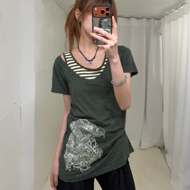 (상의 세트) 할리데이비슨 히피 브이넥 반팔 + 스트라이프 나시