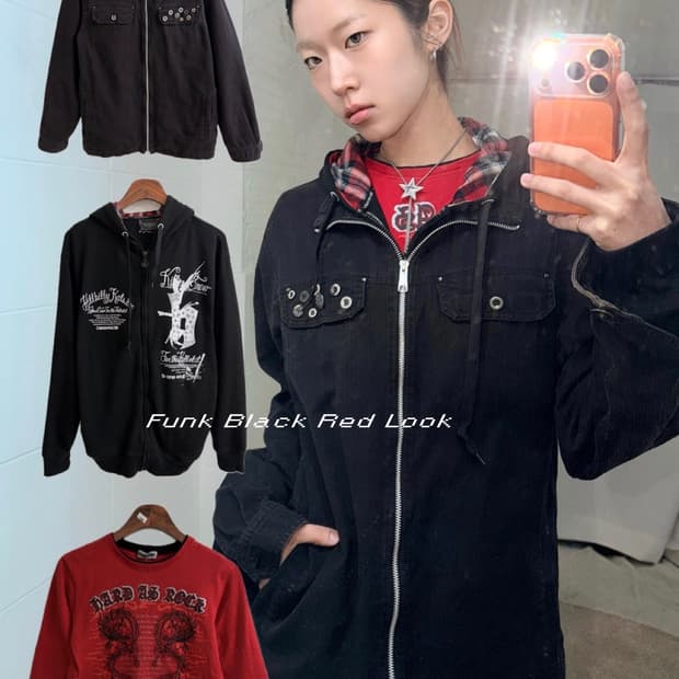 펑크 블랙 레드 자켓 후드집업 상의 세트