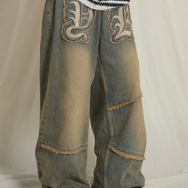 와이케이 아플리케 데님 팬츠 옐로우 워싱 딥블루 2사이즈