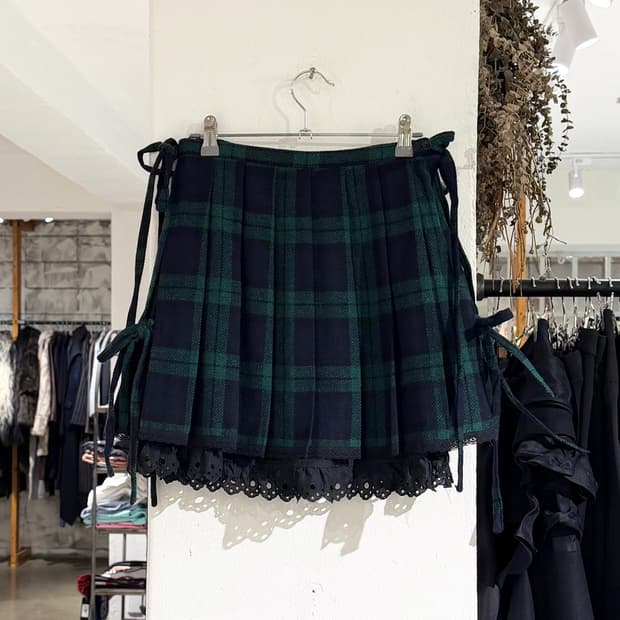바츠 그린 체크 레이스 트림 플리츠 미니 스커트