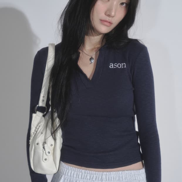 [S] 애즈온 아이비 카라 롱슬리브 네이비
