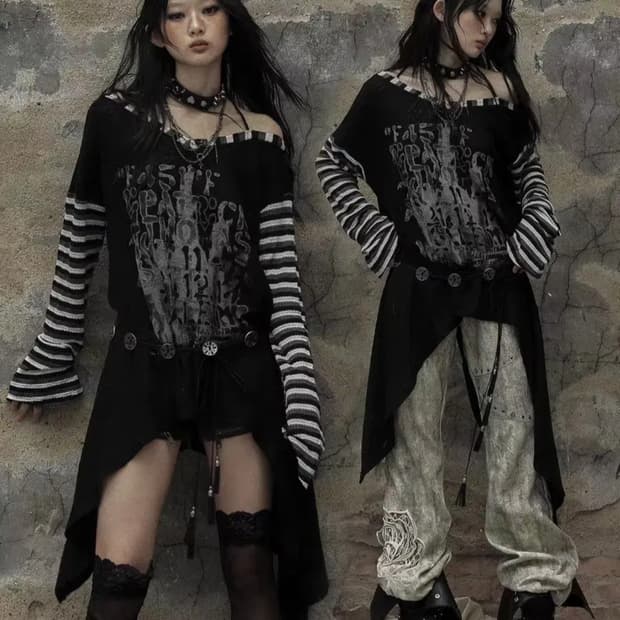 노로맨스 샵코르 스트릿 스트라이프 원숄더 니트 펑크 다크코어오즈온매드펑크