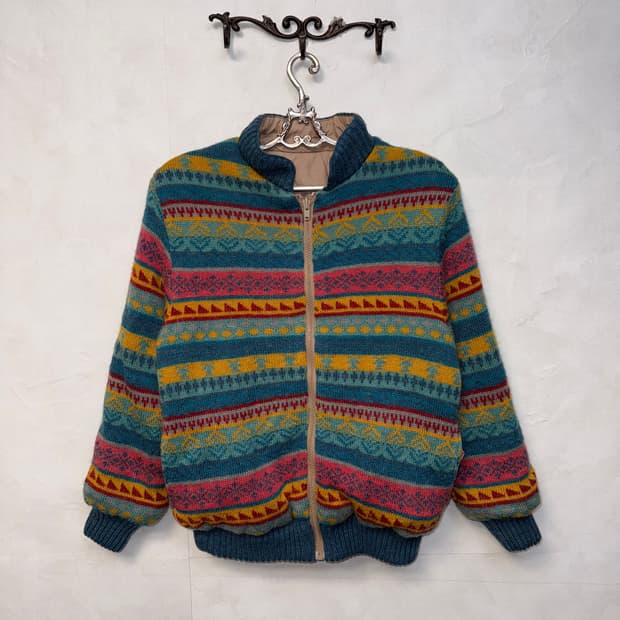 Pink blue nordic reversible knit zipup