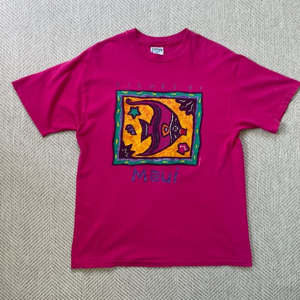 90s usa 싱글 hanes Maui  아트 반팔티셔츠 
