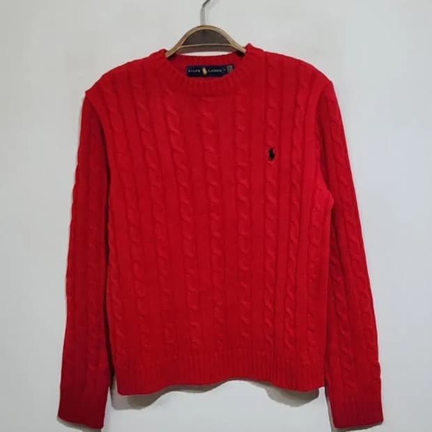 (M) 랄프로렌 폴로 케이블 니트 빨강 꽈배기 스웨터 라운드 
