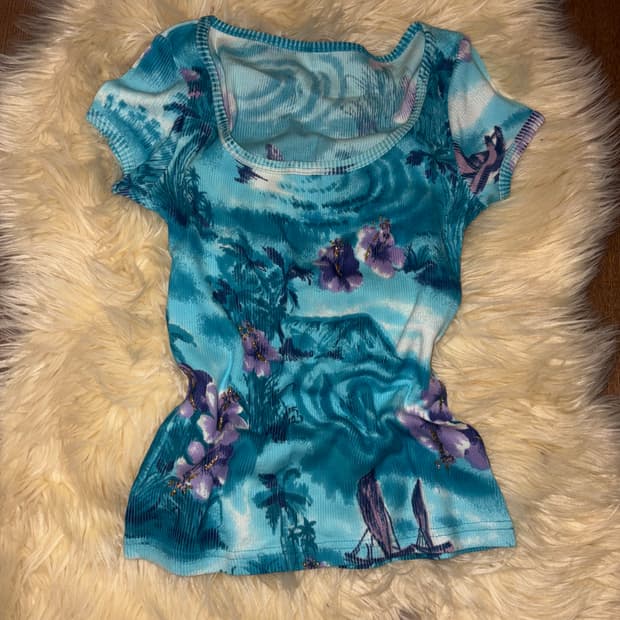 알바로사깔 하와이 슬림 골지 반팔티 청록 플루메리아 히비스커스