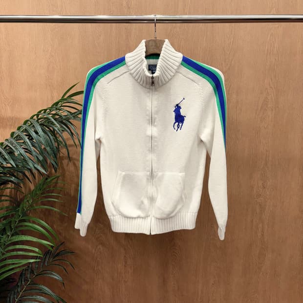 폴로 랄프로렌 니트 집업 가디건 라인 배색 스트라이프 자수 디테일 화이트